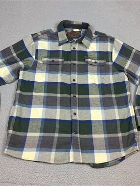 Orvis Chamois Flannel Green, Blue & Gray Plaid Button-Down Shirt Soft Mens XL